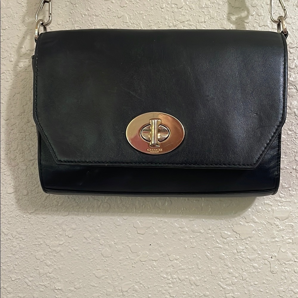 Coach Black Leather Crossbody with Gold Turnlock Hardware